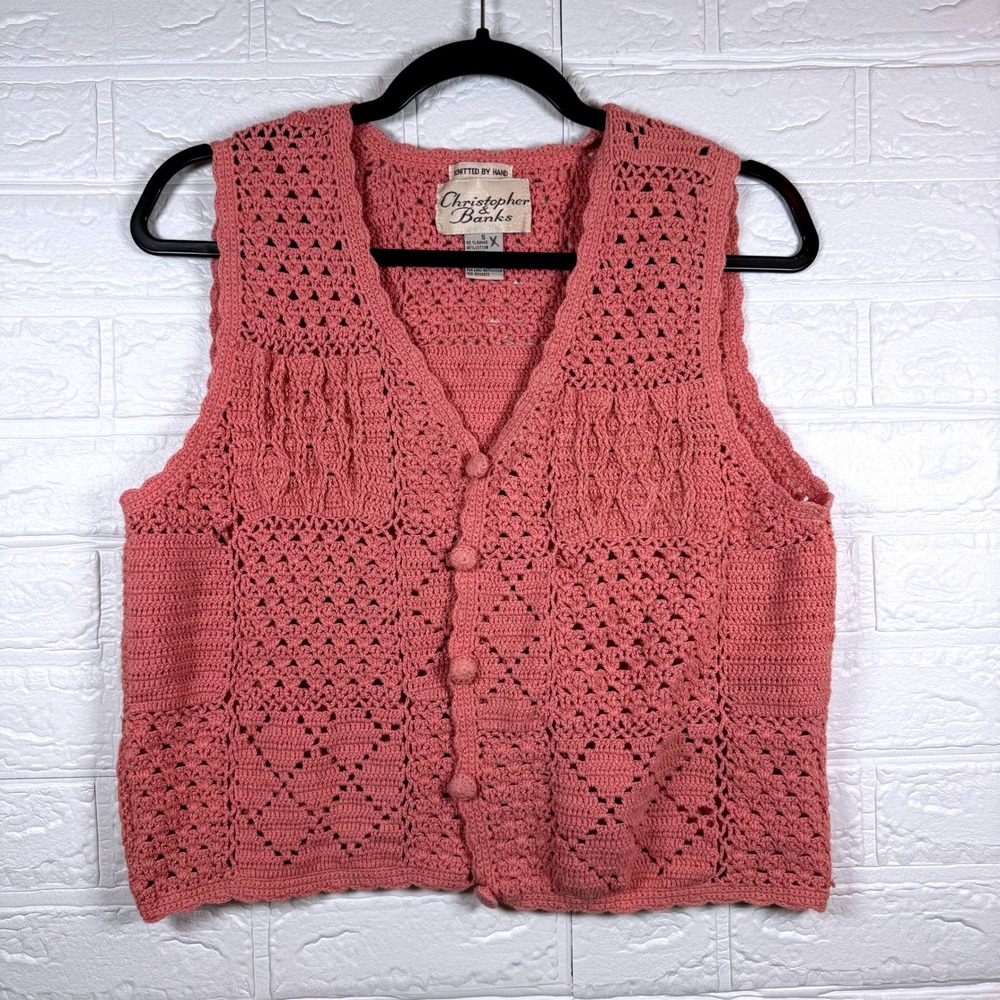 Christopher & Banks Vest Women Small Pink Crochet Hand Knitted Ramie Cotton